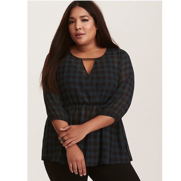 torrid Tops - Torrid Gingham Chiffon Surplice Peplum Top J335